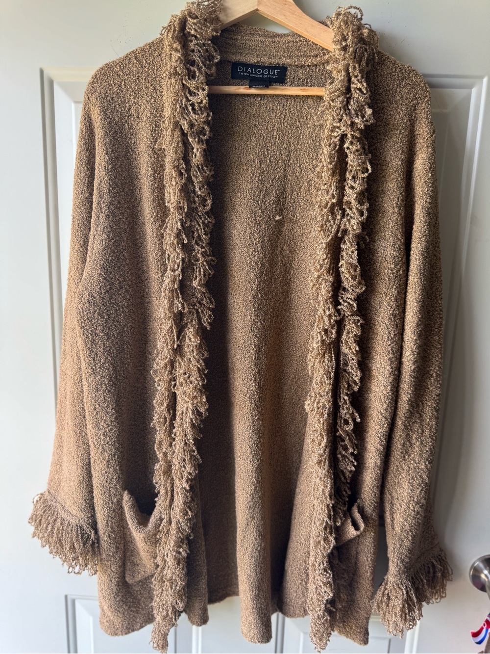 Dialogue Camel Fringe Open-Front Sweater Cardigan